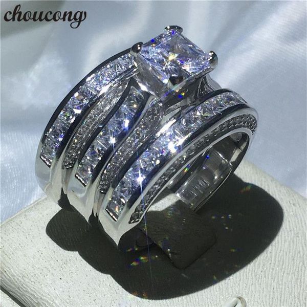 Choucong feminino masculino jóias 3-em-1 anel de casamento 14kt branco amarelo ouro cheio princesa corte diamante banda de noivado anéis214s