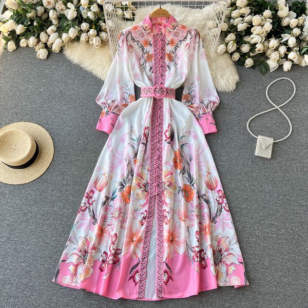 Casual Kleider 2023 Frühlingsmode Runway Kleid Frauen Stehkragen Langarm Blumendruck Maxi Plissee Vestidos Casual Holiday Roben Pink