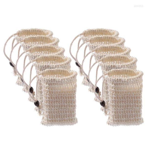 Borse portaoggetti 10pcs Sisal Soap Bag Mesh Foam Maker Net con coulisse Schiuma Facile supporto per bolle