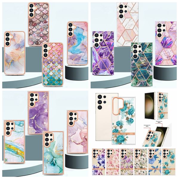 32designs mármore mole IMD TPU Casos cromados para Samsung S24 Ultra S24 Plus Fashion Flower Flor Bling Bling Placting Stone Stone Tople Coble Tele