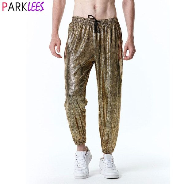 Calças dos homens ouro metálico cobra padrão jogger sweatpants 70s disco dança harem calças masculinas brilhantes festa de halloween baile traje