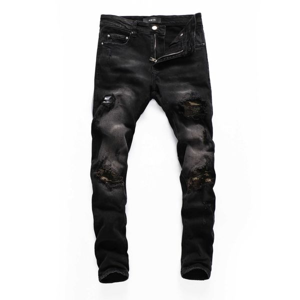 Jeans patch strappati da uomo Pantaloni da moto neri slim da ragazzo