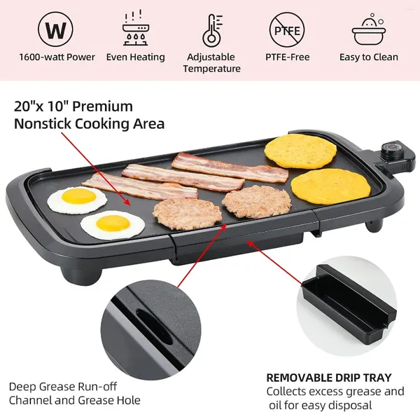 Fornos elétricos para panquecas, grelha interna de 22 tamanhos, chapa extra grande, tamanho familiar, antiaderente para panquecas, hambúrgueres, quesadillas, café da manhã