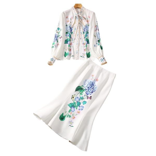 Outono branco floral estampado fita gravata conjunto de vestido de duas peças manga comprida gola redonda blusa de peito único + saia sereia de cano médio conjunto de duas peças ternos S3O261026