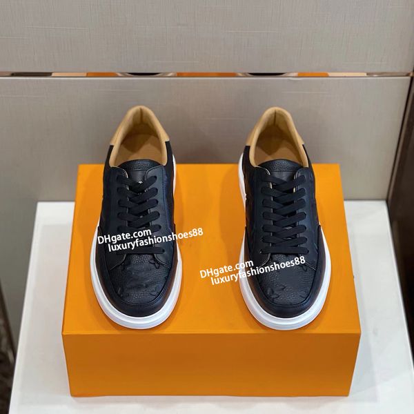 Designer de alta qualidade sapatos casuais homem moda luxo beverly hills rendas até tênis carta couro clássico marca sapatos de lona branco preto monogramas sapatos com caixa