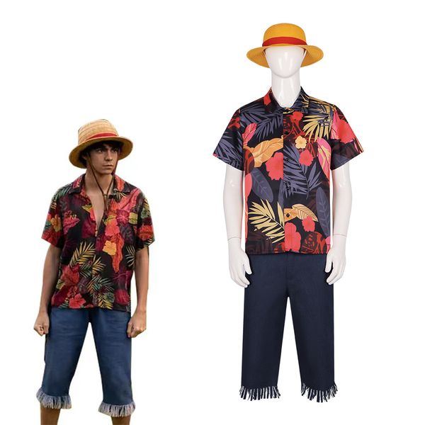 Versione live action del coswear One Piece per uomo stesso stile camicia cappello di paglia costume cosplay Rufy