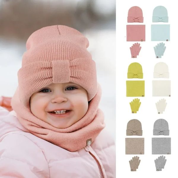 Lenços envolve alpaca lã criança chapéu cachecol luvas definir inverno bebê meninos meninas quentes 3 em 1 bonito arco chapéus para crianças infantil snood malha bonnets 231129