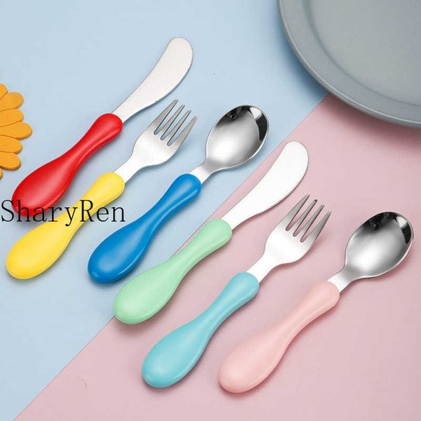 Copos pratos utensils desenho animado colher de bebê fofo e garfo de aço inoxidável conjunto de talheres de bebê alimentação de alimentação de alimentos faca de faca de mesa de mesa para bebe p230314