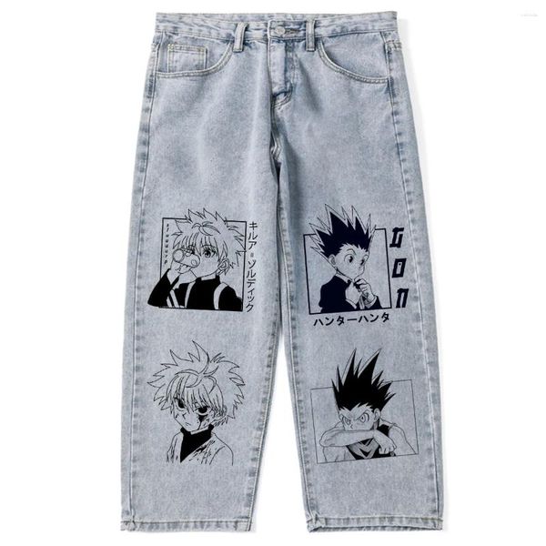 Herren Jeans Cartoon Gedruckt Anime BF Harajuku Mode Y2K Marke Streetwear Casual Graffiti Lose Blau