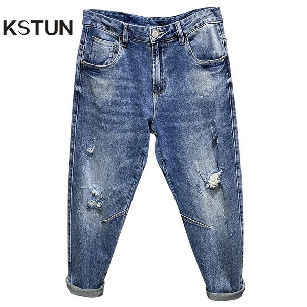 Jeans masculinos rasgados homens luz azul estiramento calças angustiado casual harem vintage hip hop tornozelo comprimento calças marca 231129