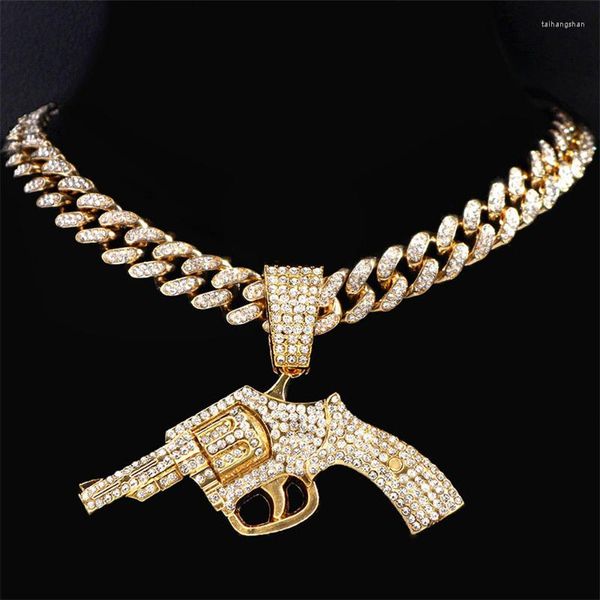 Colares de pingentes Pistola de hip-hop Pistola com gelado Big Crystal Chain Colar Colar para Men Fashion Bling Hip-Hop Jóias