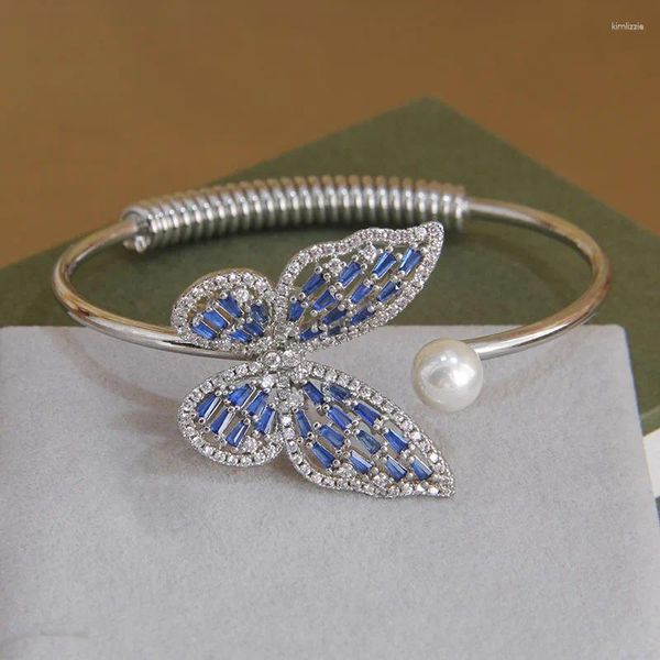 Bracciale rigido di lusso in cristallo blu con farfalla regolabile, braccialetti per le donne, gioielli di marca di moda, braccialetti da sposa con insetti in zirconio