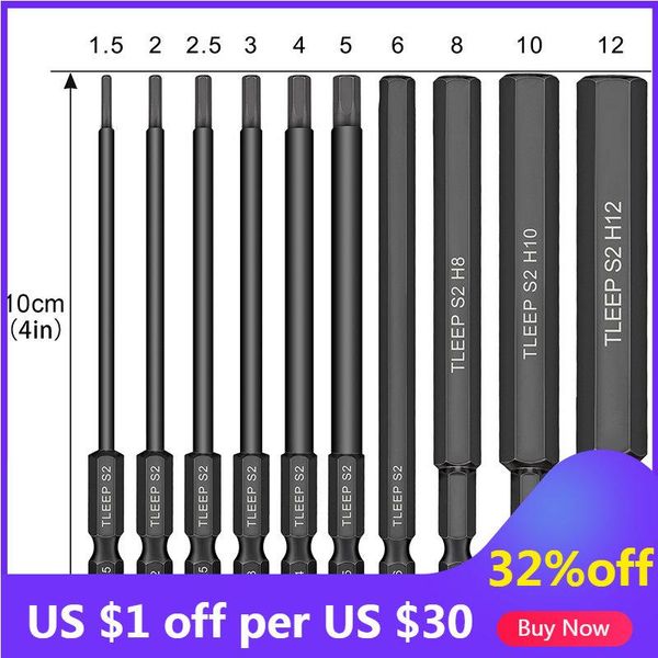 Schroevendraaier 10 unidades de cabeça sextavada métrica chave Allen conjunto de brocas conjunto de brocas sextavadas de 100 mm S2 broca de chave de fenda Allen de aço broca de chave sextavada magnética