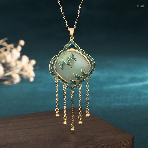 Colares pendentes estilo china pintado de bambu placa de folhas jade colar 24k Chain de clavícula revestida de ouro para mulheres jóias