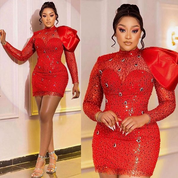 2023 Plus Size Abiti da cocktail Aso Ebi Corti Mini maniche lunghe Abito da ballo rosso Collo alto Abiti da festa di compleanno Abiti da cerimonia africani causali formali C008