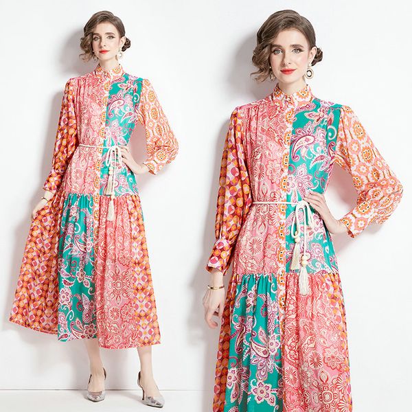 Damen-Retro-Kleid mit Laternenärmeln, langärmeliges bedrucktes Kleid, Boutique 2024 Frühlings-Herbst-Maxikleider, High-End-Trend-Damen-Hemdkleider, Runway-Urlaubskleid