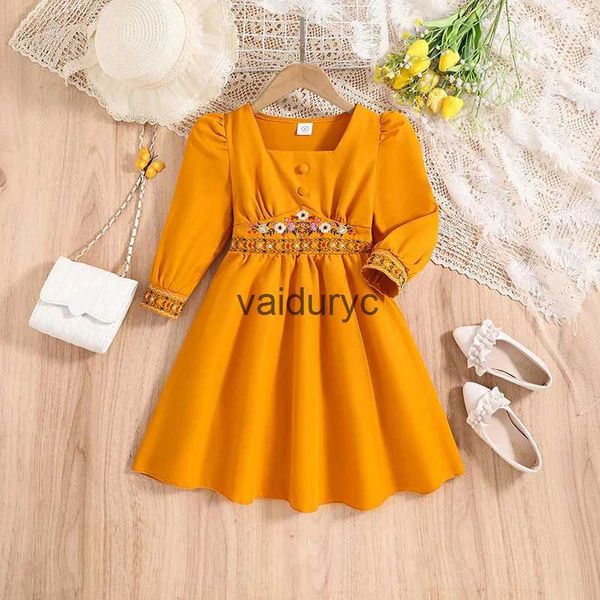 Vestidos da menina outono novo vestido crianças meninas anos amarelo bordado de manga comprida gola quadrada para férias elegantes