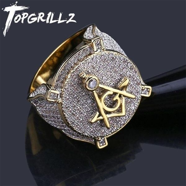 Anelli a fascia TOPGRILLZ Hip Hop Ottone placcato color oro Ghiacciato Micro Pave Zircone cubico Anello massonico Fascino per uomo Regali con 7 8 9 260l