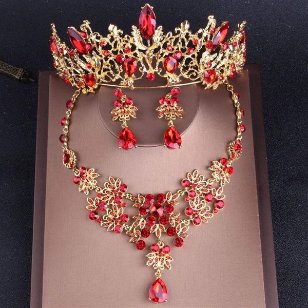Conjunto de joias de noiva barroco, vintage, dourado, vermelho, cristal, strass, coroa, gargantilha, colar, brincos, acessórios de casamento 189h