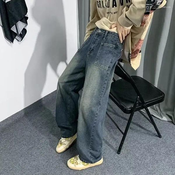 Calças de brim masculinas com bolsos homem calças de cowboy em linha reta baixa ascensão lavada 90s streetwear roupas de perna larga y2k 2000s estética
