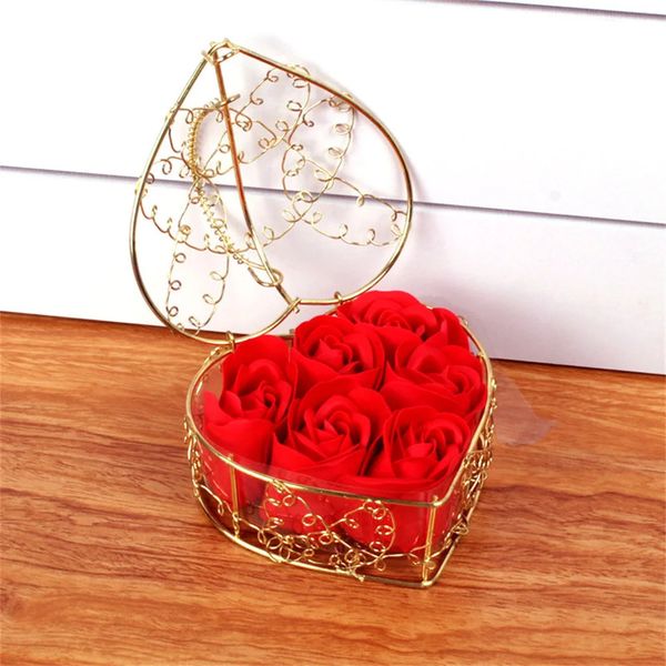 6 peças/set rosa sabão flor caixa de presente cesta de ferro banhado a ouro artificial rosa dia dos namorados presente de casamento criativo 231127