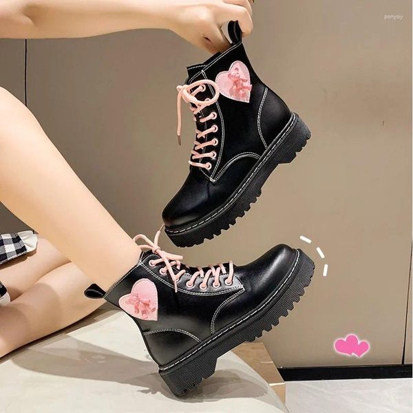 Botas sapatos para mulheres 2023 plataforma feminina rosa lace-up motocicleta moda redonda toe tornozelo kawaii menina