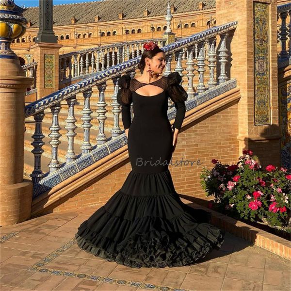 Vestido espanhol de baile de baile de flamenco preto com bolinhas Tulle Sexy sem luva longa de manga longa vestido de bandeira