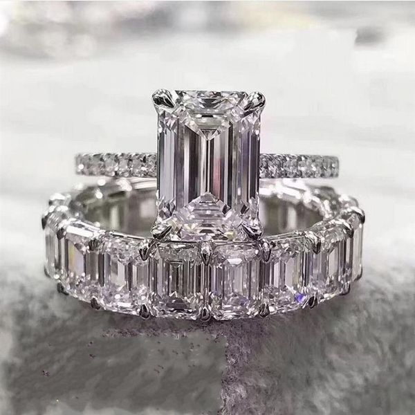 Lüks 100% 925 STERLING Gümüş Oluşturuldu Emerald Cut Elmas Düğün Nişan Kokteyl Kadınlar Moissanite Band Ring Fine Jewelry 20272U