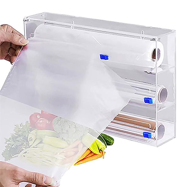 Organisation 3 IN 1 Plastikfolienspender mit Cutter, Lebensmittelfolie, Frischhaltefolie, Aufbewahrungsorganisator, Acrylfolien-Organizer für Küchenschublade