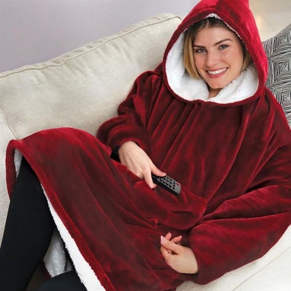 Hoodie ao ar livre inverno com capuz casacos quente inclinação com capuz robe roupão moletom velo pulôver cobertor para homem women277t