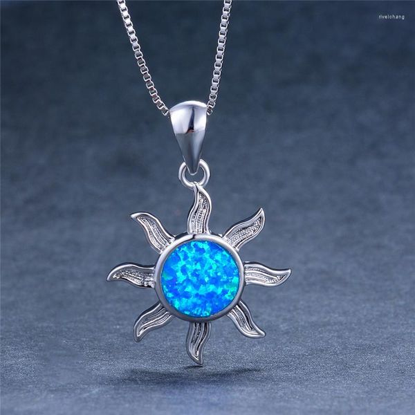 Anhänger Halsketten Boho Weibliche Sonne Blume Anhänger Blau Feueropal Stein Halskette Mode Silber Farbe Hochzeit Schmuck