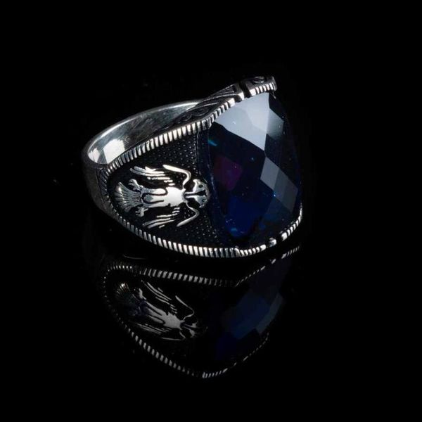 Кластерные кольца мужское серебряное кольцо с синим цирконом камнями и мотивами животных орла, сделанных в сплошной индейке 925