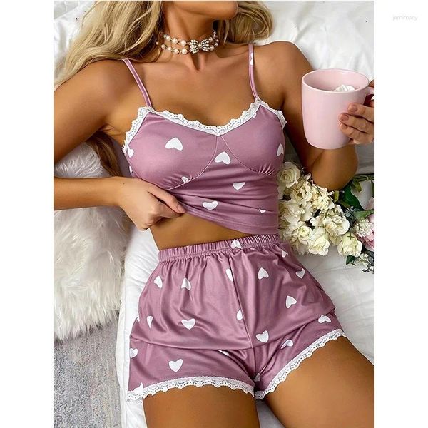 Damen-Nachtwäsche, sexy Spitze, bedruckt, Dessous, ärmellos, V-Ausschnitt, Babydoll-Pyjama-Set, Tops, Shorts, BH, kurze Hosen, Nachtwäsche