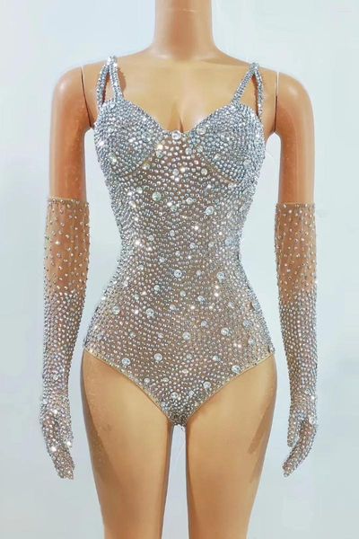 Stage Wear Guanti da body sexy con strass in argento pieno Compleanno Festeggia il ballo di fine anno Costume elasticizzato da sera per performance di danza