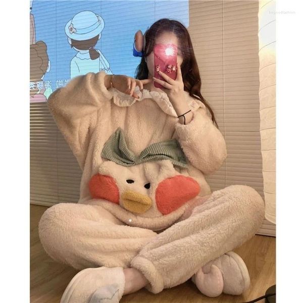 Mulheres sleepwear bonito colar de boneca pato coral veludo pijama mulheres inverno engrossado doce bolso flanela casa roupas de duas peças conjunto