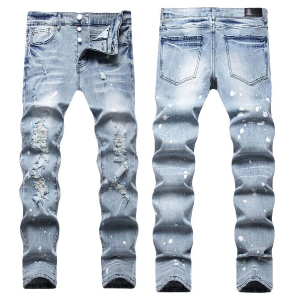 Herrenjeans European Jean Hombre Letter Star AM winziger Fleck Herren Stickerei Patchwork Zerrissen Trendmarke Motorradhose Herren Skinny AM8821 # Größe 30-44