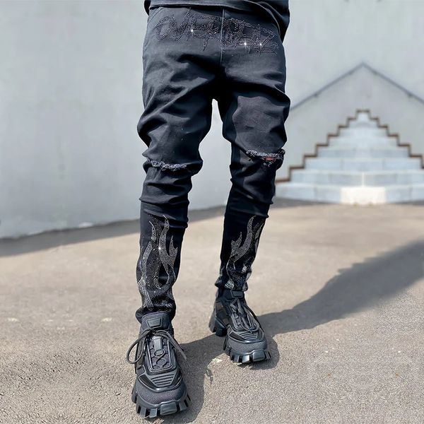 Calças de brim femininas preto estiramento denim lápis calças homem rua punk magro ajuste motociclista calças masculinas rasgadas broca magro 231129