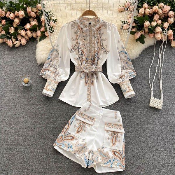 Mulheres femininas Mulheres Vintage Spring Spring Floral camisa Tribunal Flores Cardigã Bloups Tops Tops Wide Leg Shorts Duas peças