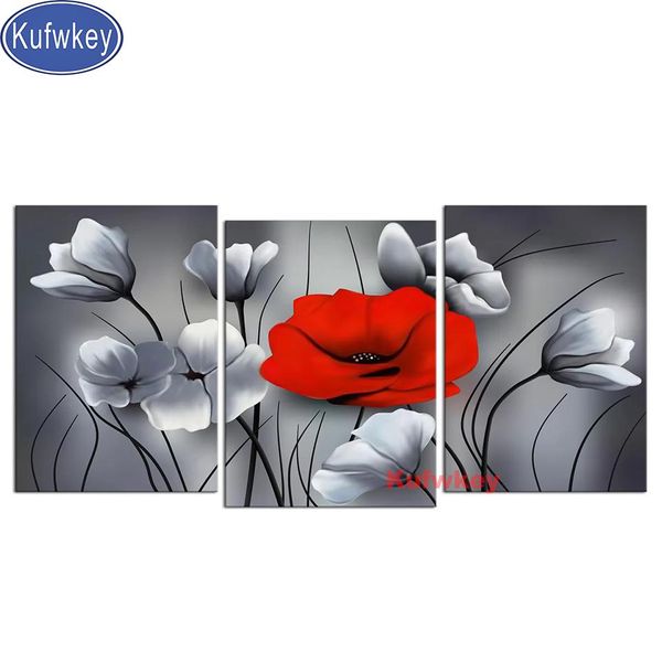 Dikiş Gri Kırmızı Poppies Pırlanta Nakış Triptych 5D DIY Diamond Mozaik Çapraz Dikiş 3pcs Pırlanta Boyama Tam Kare/Yuvarlak Duvar Sanat