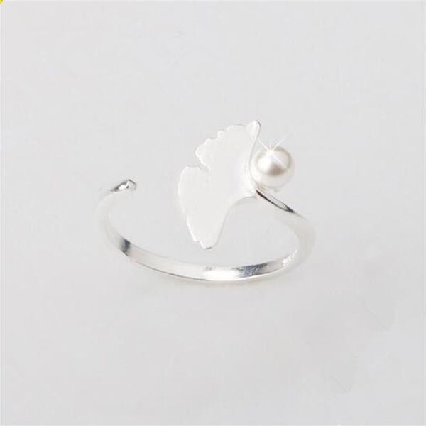 Anello da dito con apertura per pianta in foglia di ginkgo in argento antico per donna donna Fedi nuziali eleganti Perla imitazione Regalo adorabile230U