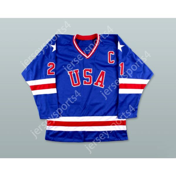 Mike Eruzione personalizada 21 USA Blue Hockey Jersey New Top Ed S-M-L-XL-XXL-3XL-4xl-5xl-6xl