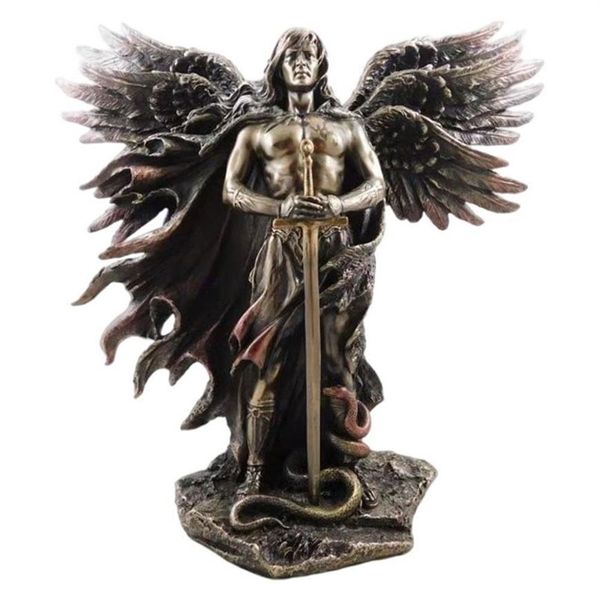 Bronzefarbener Seraphim, sechsflügeliger Schutzengel mit Schwert und Schlange, große Statue, Kunstharzstatuen, Heimdekoration 211229324Z