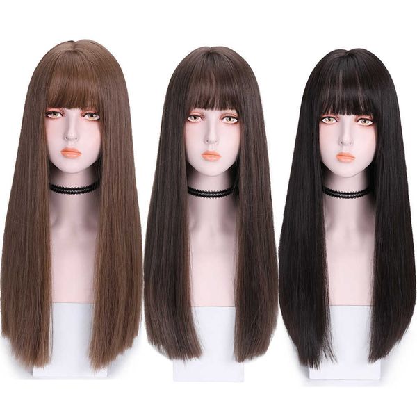 Sentetik peruklar şık kadın uzun saç başı kapak doğal siyah günlük uzun düz saç doğal hava patlama üst mat ipek peruk
