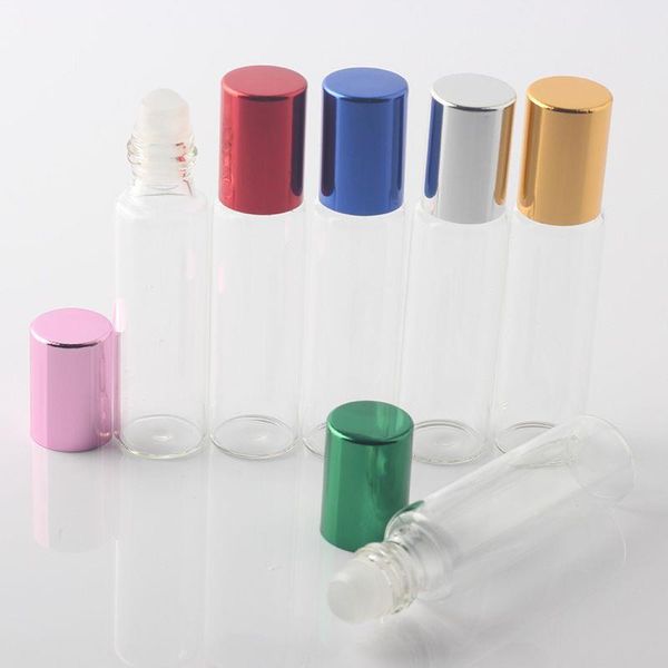 10 ml/10 Gramm Glas-Roll-on-Flaschenrohr mit Aluminiumkappe, 10 CC Glasrollerkugel, Probe, klare Flasche, Duft, Parfüm, 6 Farben Bluha