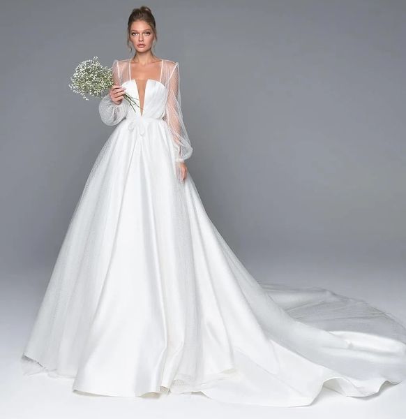 2024 Атласное свадебное платье трапециевидной формы с длинными рукавами, кружевная куртка, свадебное платье с глубоким вырезом и скользящим шлейфом, Vestidos De Novia