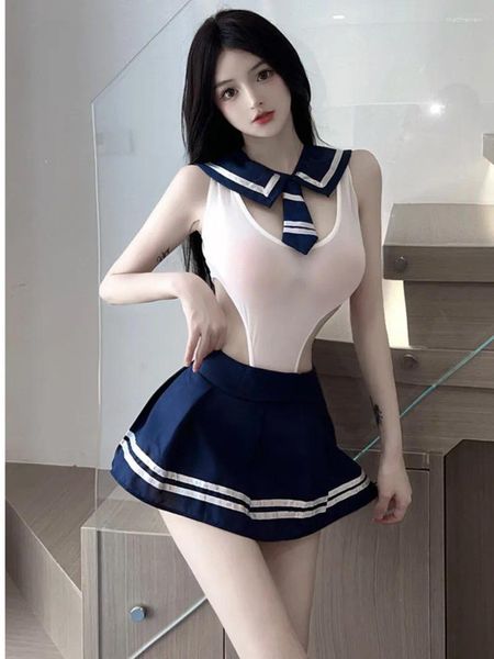 İş Elbiseleri 2023 Yaz Kadın Denizci Takım Seksi Baharatlı Kız Şeffaf U-boyunlu Bodysuit Sevimli JK üniforma mini etek flört 4u23