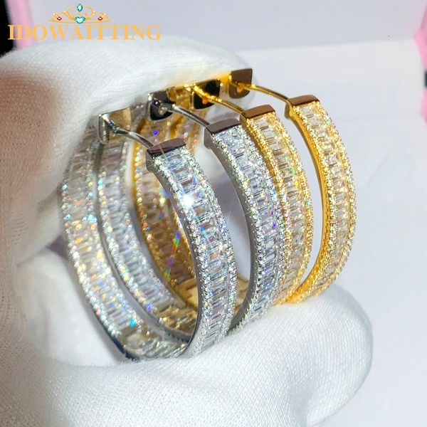 Hoop Huggie Iced Out Bling Sparking Rincess Cut Square Shaped Cubic Zirconia CZ Gold Color Plated Classic 45mm Big Circle Creolenohrring 230428