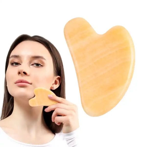 Gua sha ferramenta facial em forma de coração natural amarelo jade rosto guasha placa raspador pele apertar beleza cura topázio pedra massageador