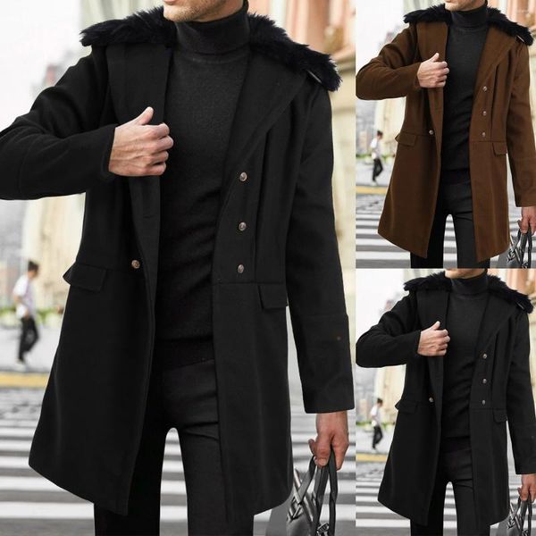 Jaquetas masculinas casaco trench homens com capuz colarinho lapela acolchoada manga de inverno engrossar jaqueta de couro fino vintage masculino longo