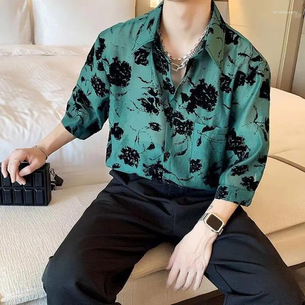 Camisas casuais masculinas y2k streetwear primavera e verão coreano vintage impressão solta turn-down colarinho homem meia manga moda